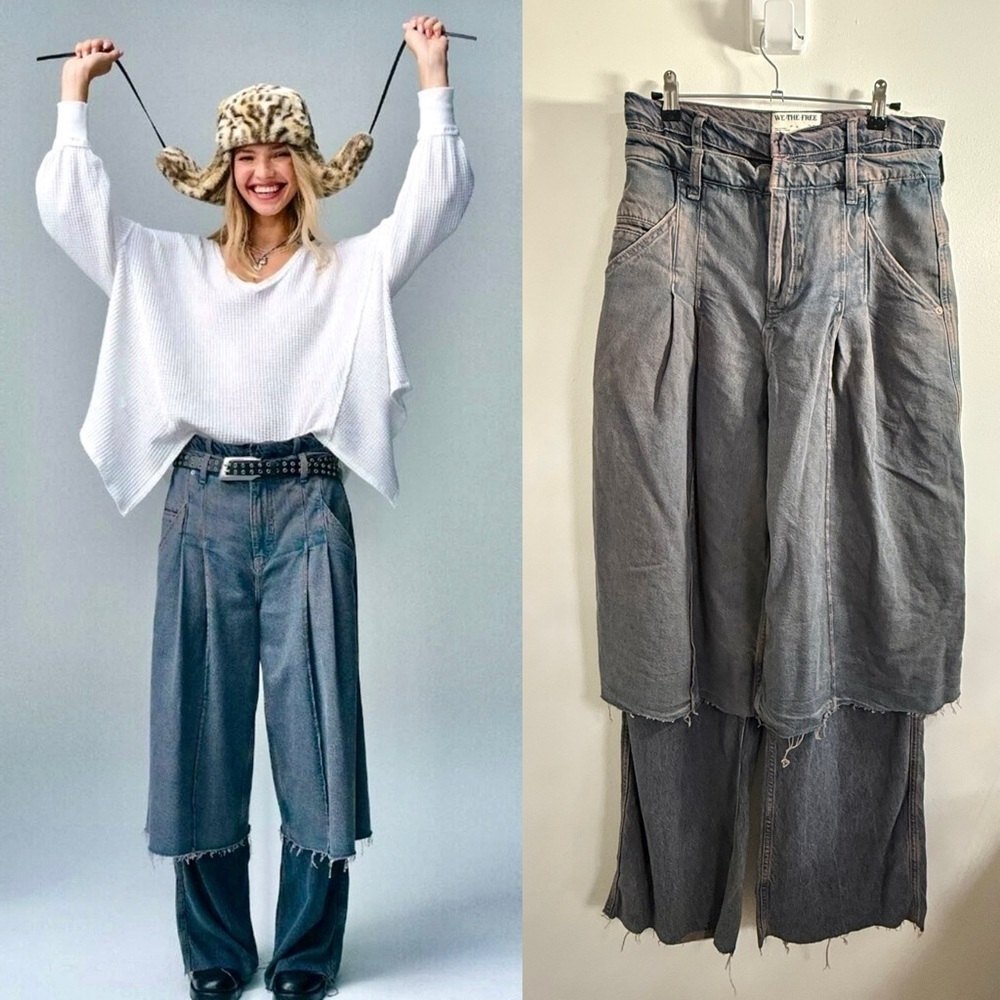 New Free People Nocturne Double layered Pleated Wide-Leg Jeans